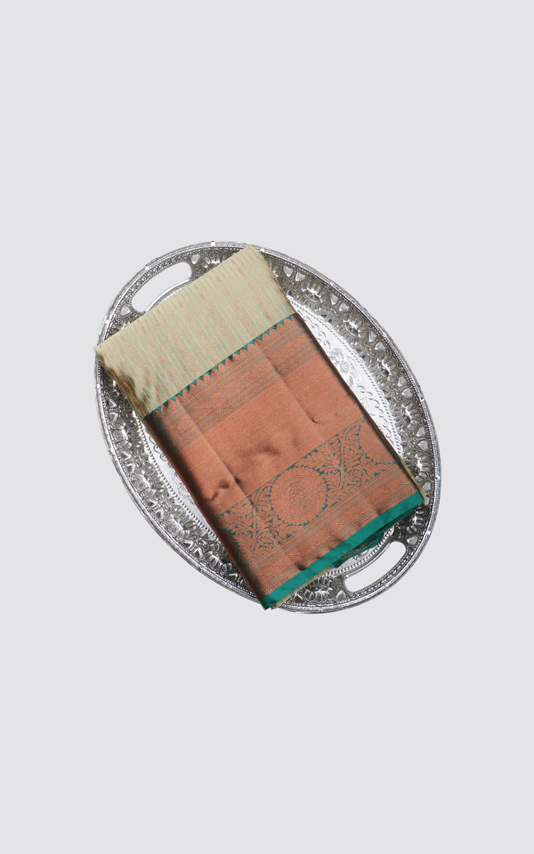 Semi Kanjivaram Silk Saree Light Green and Green with allover zari stripes & Copper zari woven Border