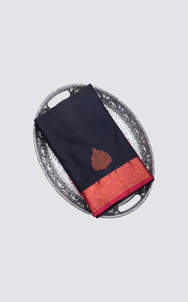 Navy Blue and Pinkish Red Semi Kanjivaram Silk Saree