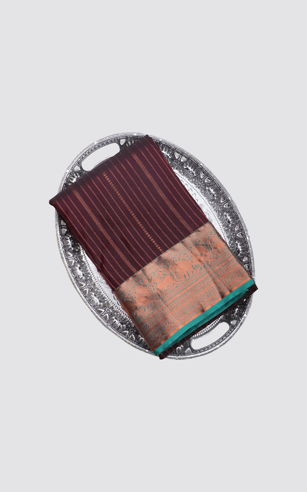 Semi Kanjivaram Silk Saree Deep Maroon and Teal Green with allover zari stripes & zari woven Border