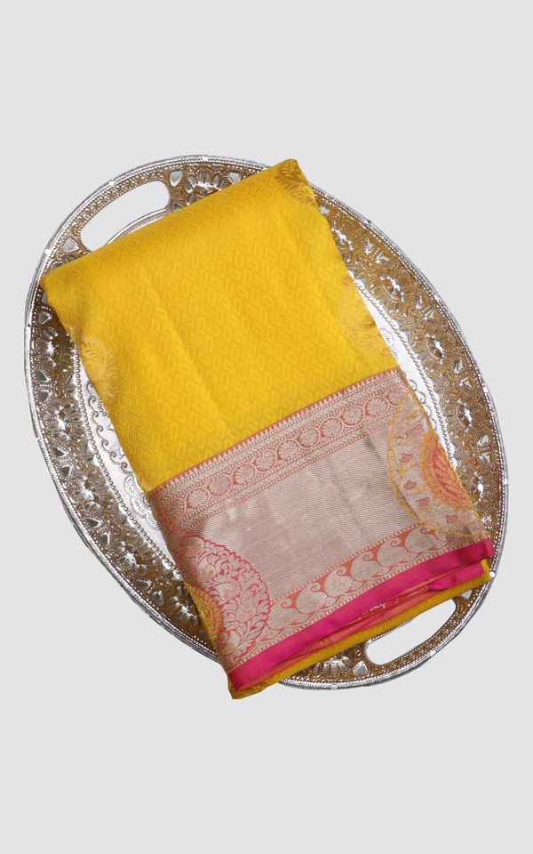 Lemon Yellow and Dark Pink Pure Silk Saree