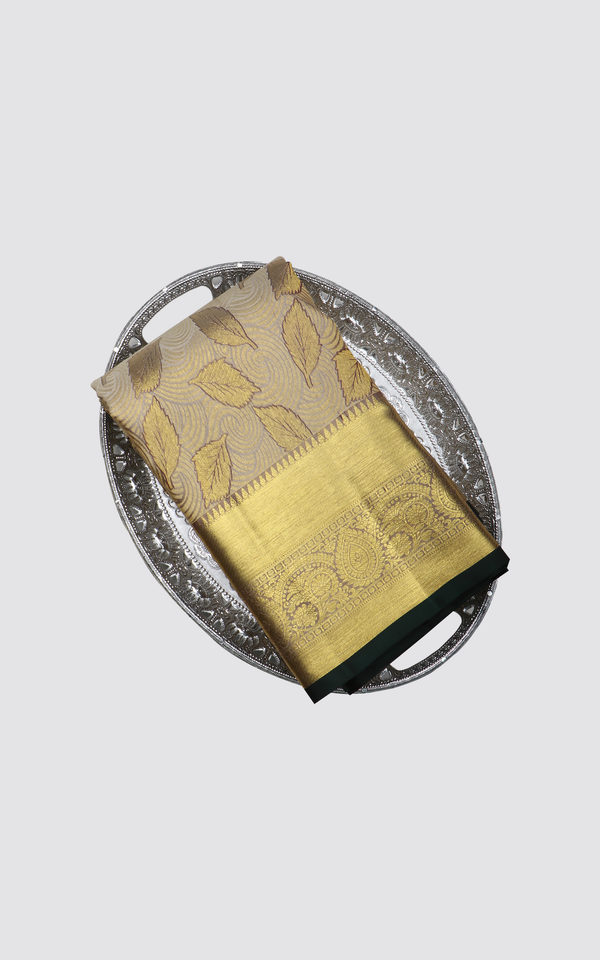 Beige and Dark Green Pure Kanjivaram Silk Saree
