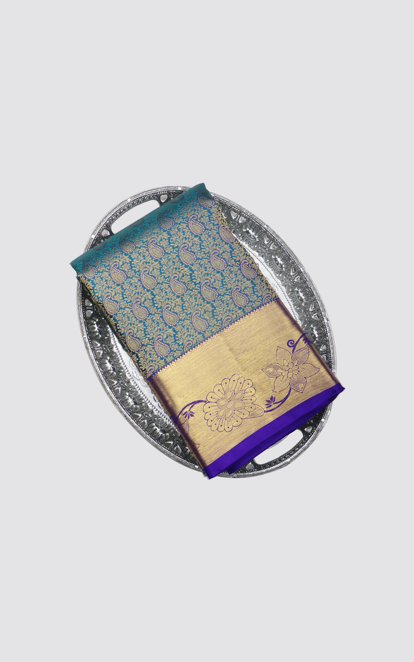 Peacock Blue and Violet Pure Kanjivaram Silk Saree