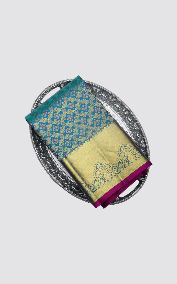 Peacock Blue and Anandha Blue Pure Kanjivaram Silk Saree