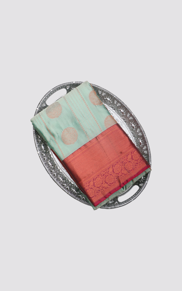 Pista Green and Red Semi Kanjivaram Silk Saree