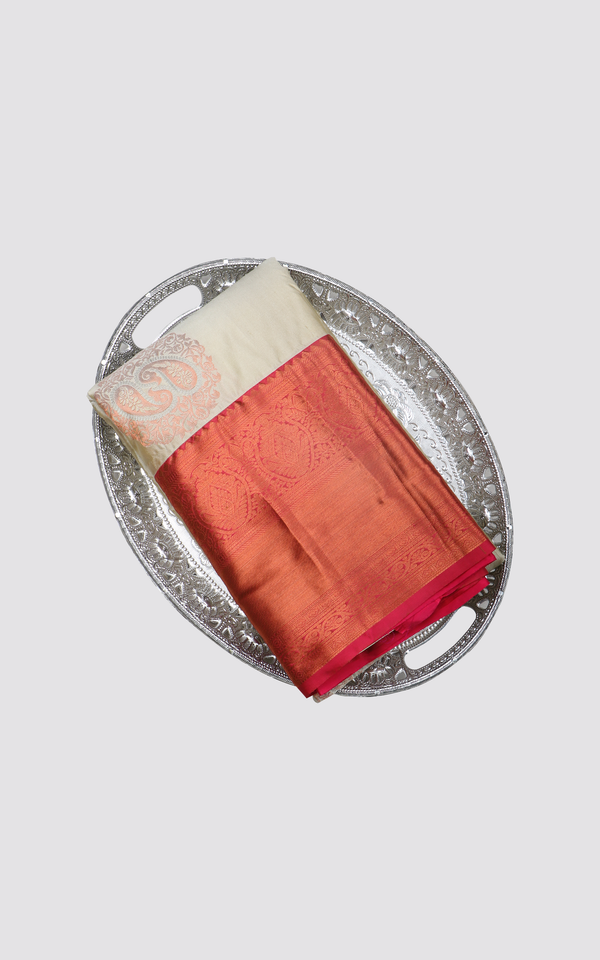 Cream and Red Semi Kanjivaram Silk Saree