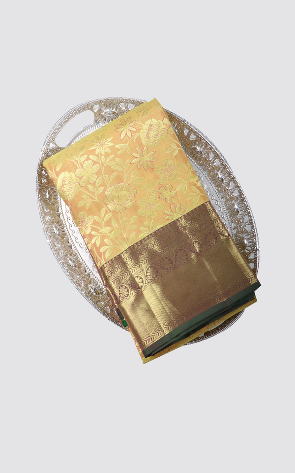 Mustard Yellow and Light Green Pure Kanjivaram Silk Saree