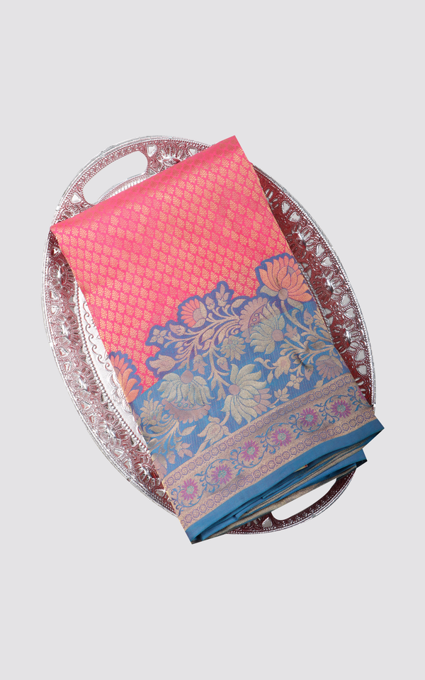 Peach Pink and Blue Pure Kanjivaram Silk Saree