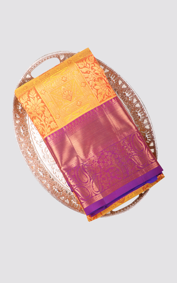 Mustard Yellow and Violet Pure Kanjivaram Silk Saree