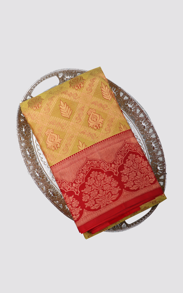 Lime Green and Red Pure Kanjivaram Silk Saree