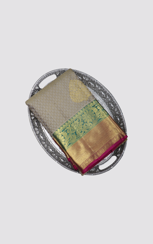 Olive Green and Wine Pure Silk Saree