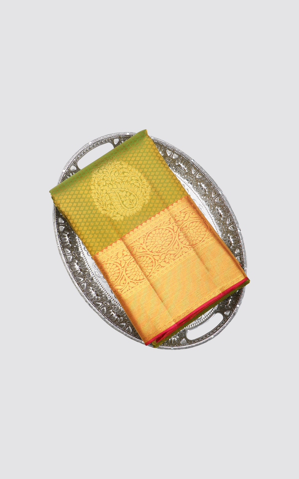 Olive Green and Orange Pure Silk Saree