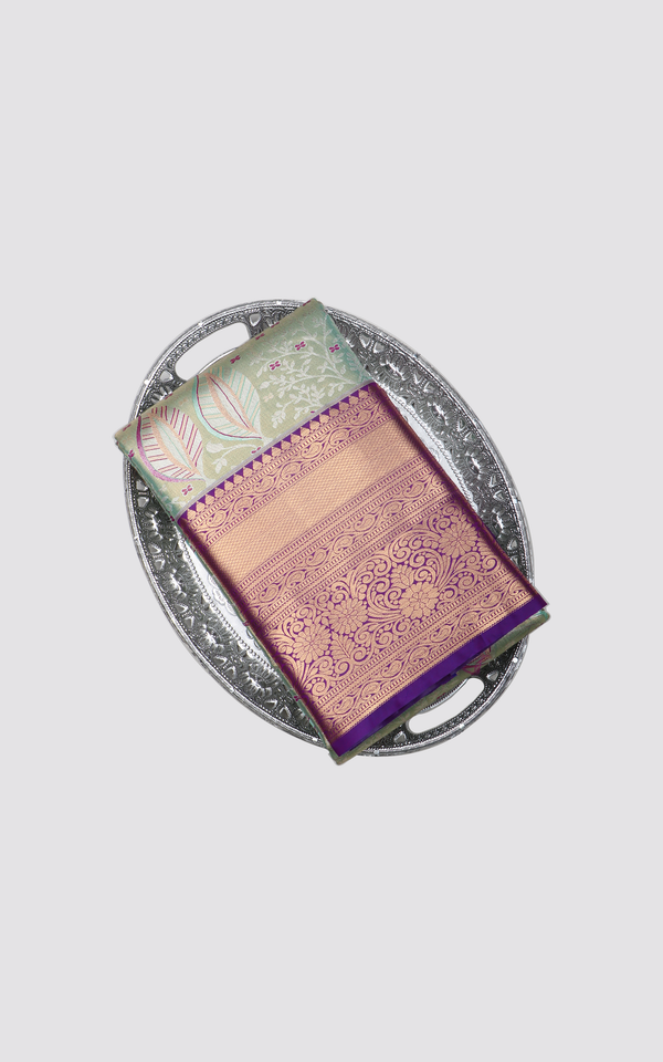 Pastel Green and Pastel Red Tissue Semi Kanjivaram Saree