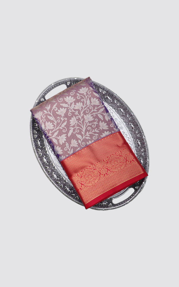 Pastel Purple and Red Tissue Semi Kanjivaram Saree