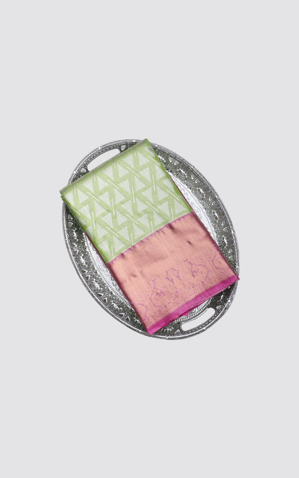 Light Green and Pink Tissue Semi Kanjivaram Saree