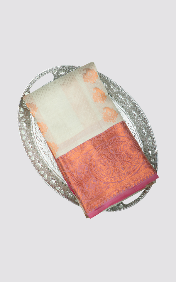Half White and Red Semi Kanjivaram Silk Saree