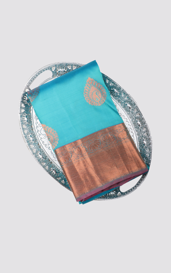 Copper Sulphate Blue and Green Semi Kanjivaram Silk Saree