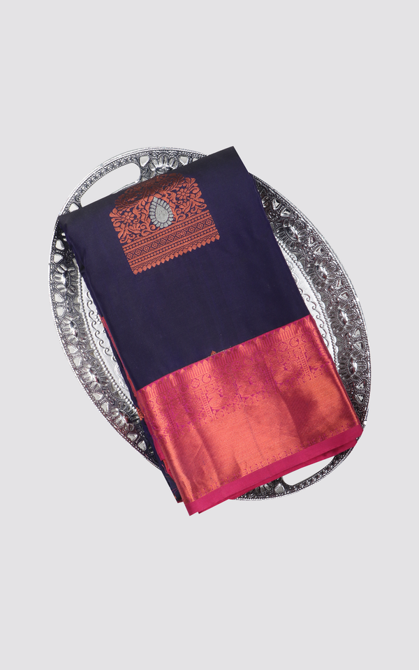 Navy Blue and Red Semi Kanjivaram Silk Saree
