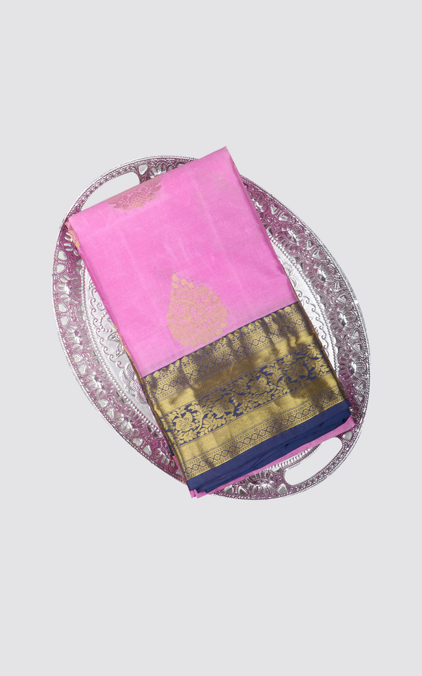 Lotus Pink and Navy Blue Semi Kanjivaram Silk Saree