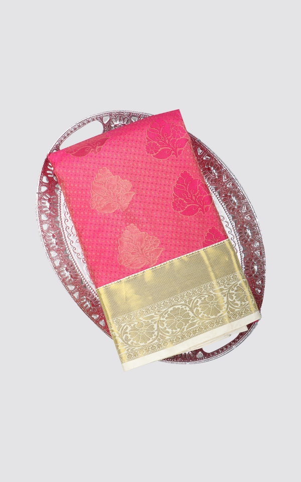 Peachish Pink and Cream Semi Kanjivaram Silk Saree