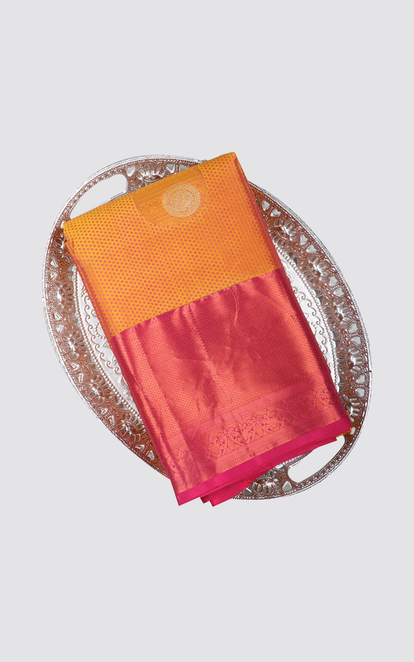 Mango Yellow and Dark Pink Semi Kanjivaram Silk Saree