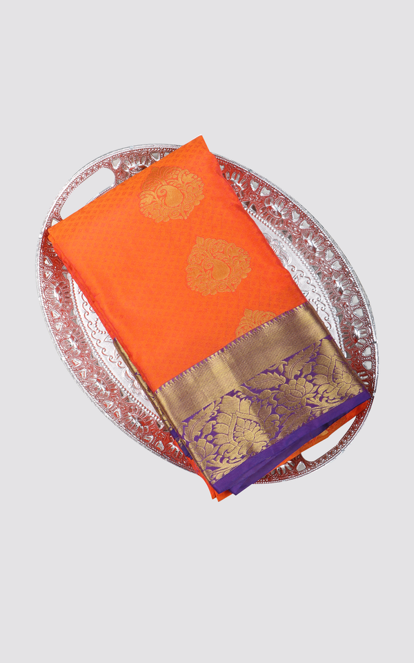 Orange and Violet Semi Kanjivaram Silk Saree