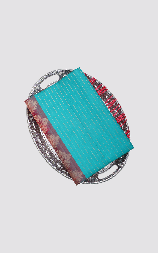 Teal Blue and Red Pure Soft Silk Saree
