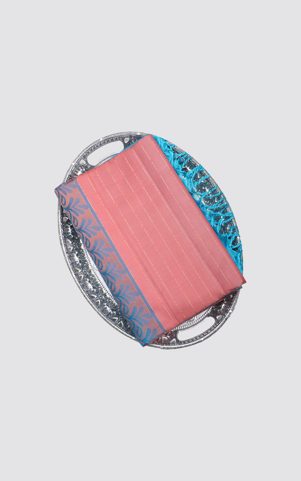 Peach and Rama Blue Pure Soft Silk Saree
