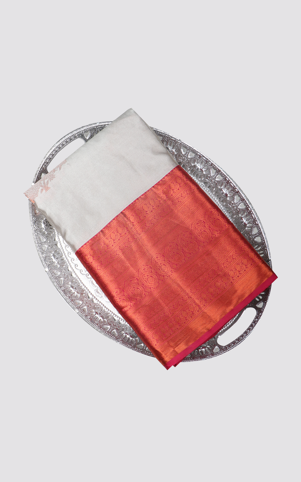 Grey and Red Semi Kanjivaram Silk Saree