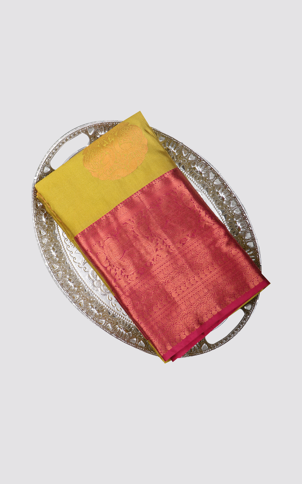 Light Green and Red Semi Kanjivaram Silk Saree