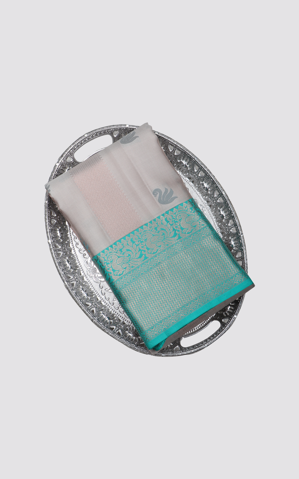 Grey and Sea Blue Pure Silk Saree