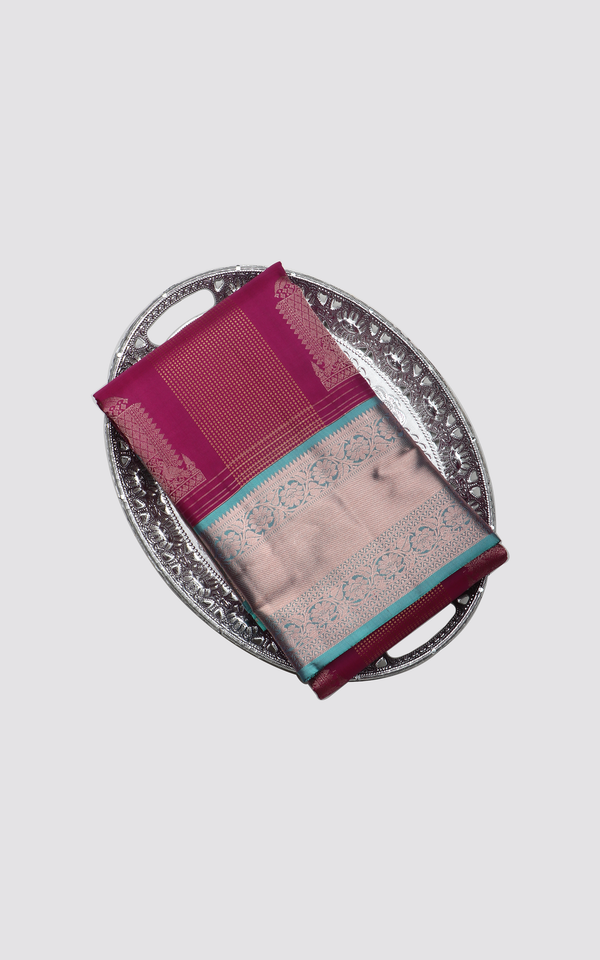 Deep Magenta and Teal Green Pure Silk Saree