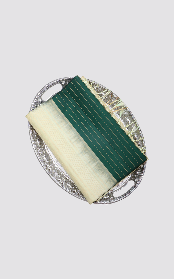 Bottle Green and Half White Pure Soft Silk Saree