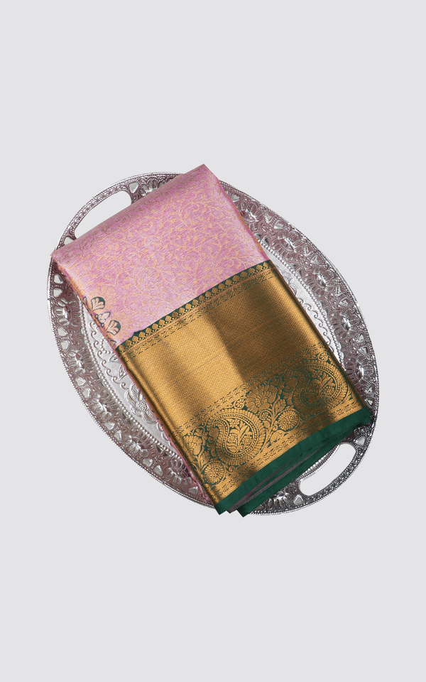 Art Silk Saree Pastel Pink and Gray with allover Zari Brocade Weaves & zari woven Green Border