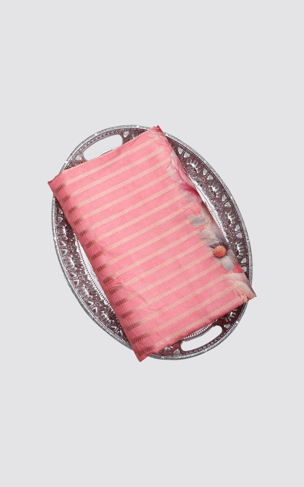 Semi Tussar Saree Peach with Allover Horizontal Zari Lines with Floral Digital Prints