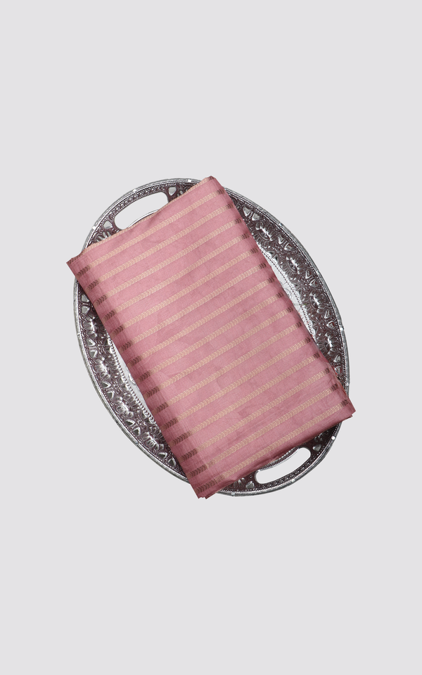 Semi Tussar Saree Pink with Allover Horizontal Zari Lines with Floral Digital Prints