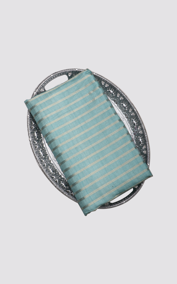 Semi Tussar Saree Teal Blue with Allover Horizontal Zari Lines with Floral Digital Prints