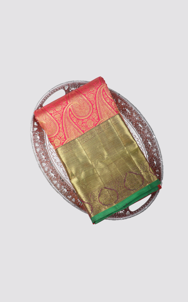 Reddish Pink and Green Pure Kanjivaram Silk Saree