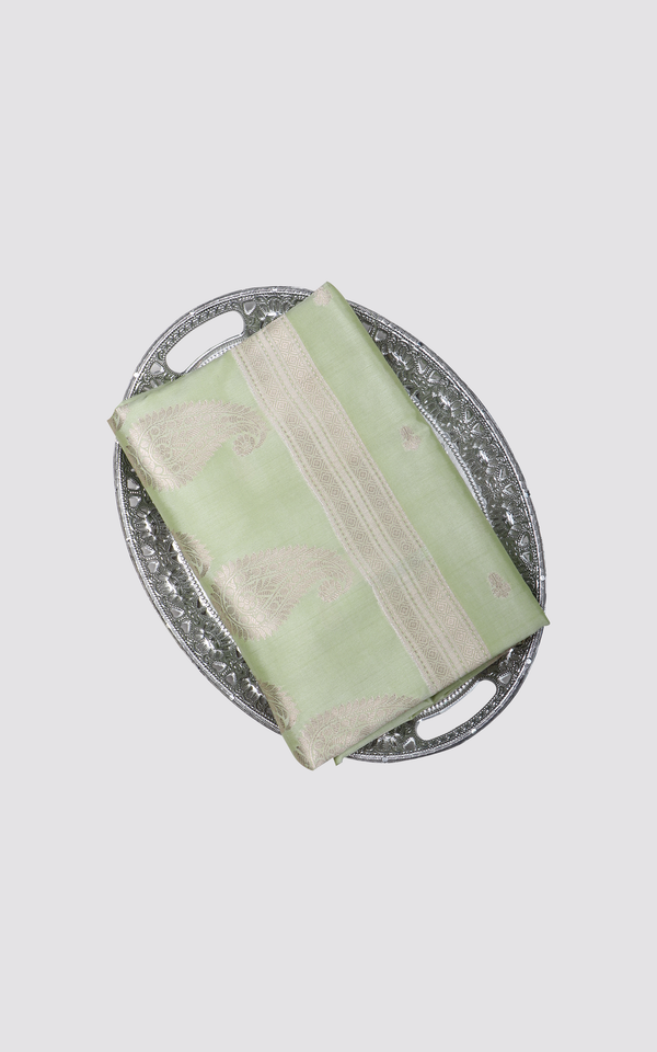Pista Green with Silver Zari Softy Silk Saree