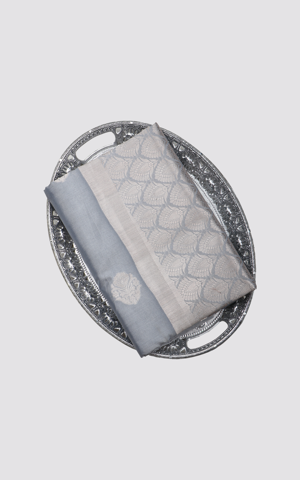 Grey with Silver Zari Softy Silk Saree
