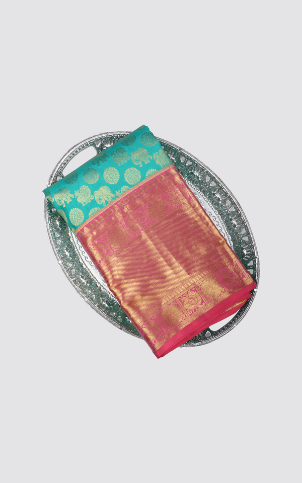 Sea Green and Red Pure Kanjivaram Silk Saree