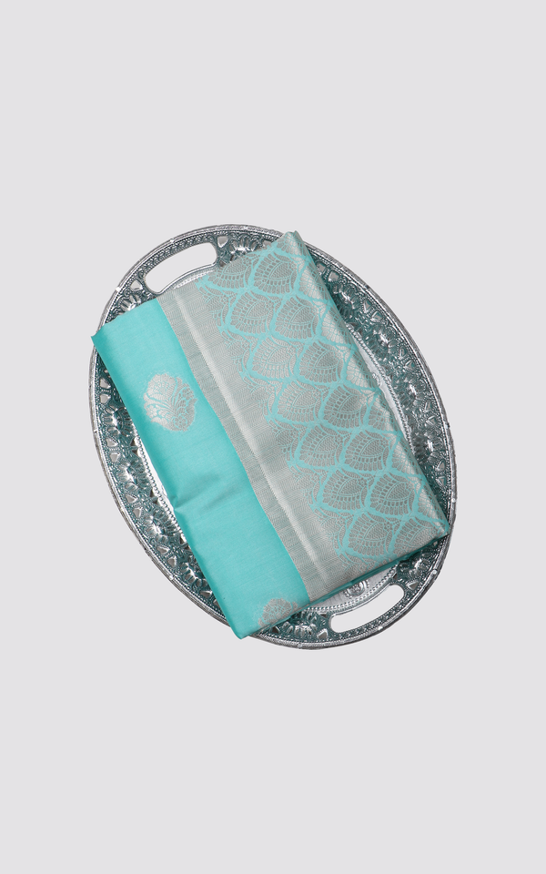 Teal Blue with Silver Zari Softy Silk Saree
