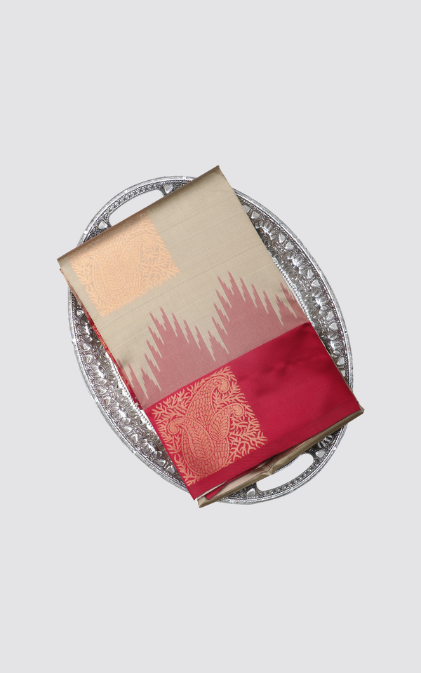 Grey and Red Softy Silk Saree