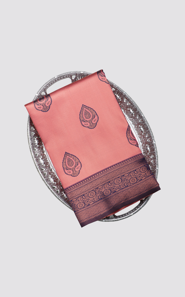 Peach and Navy Blue Softy Silk Saree