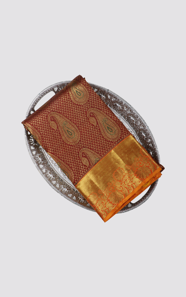 Brown and Orange Pure Kanjivaram Silk Saree