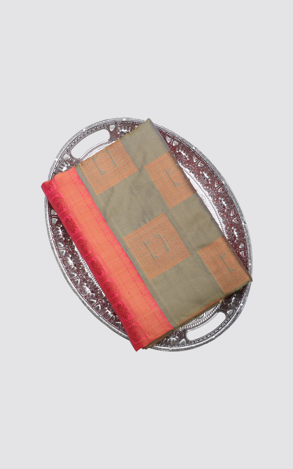 Olive Green and Orange Softy Silk Saree