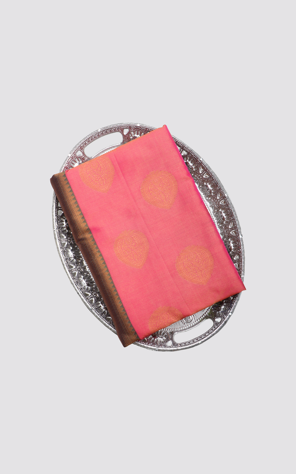 Peach and Green Softy Silk Saree