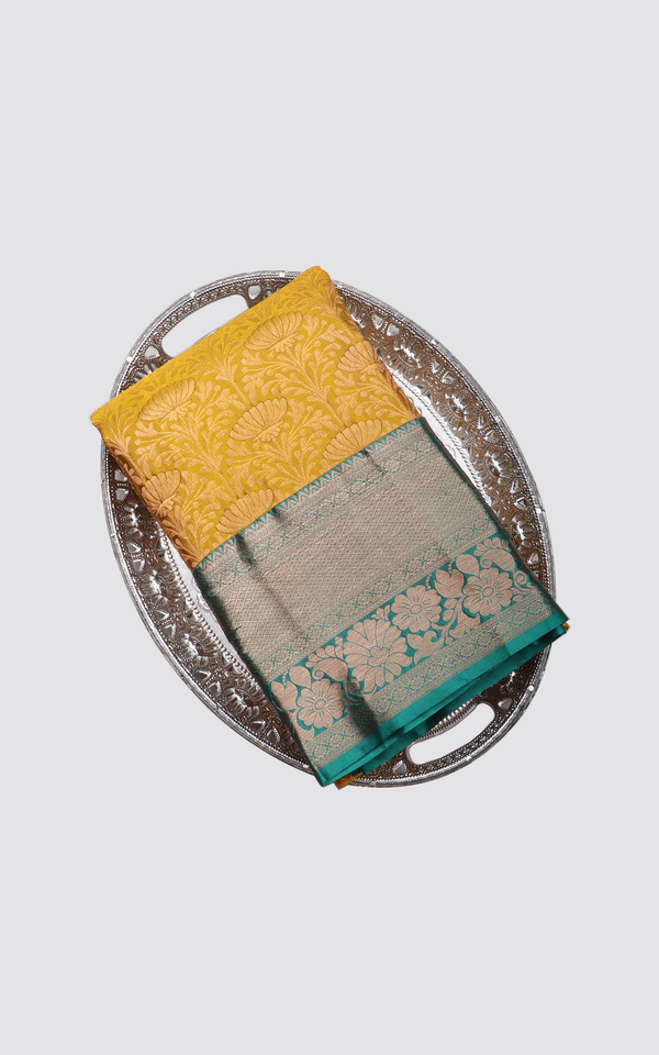 Mustard Yellow and Green Pure Silk Saree