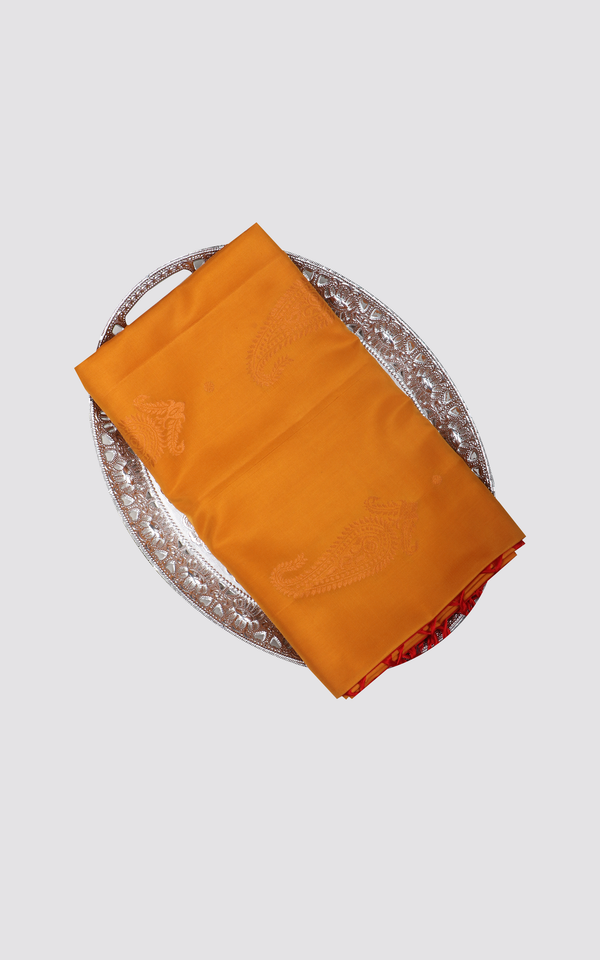 Mustard Yellow and Red Pure Soft Silk Saree