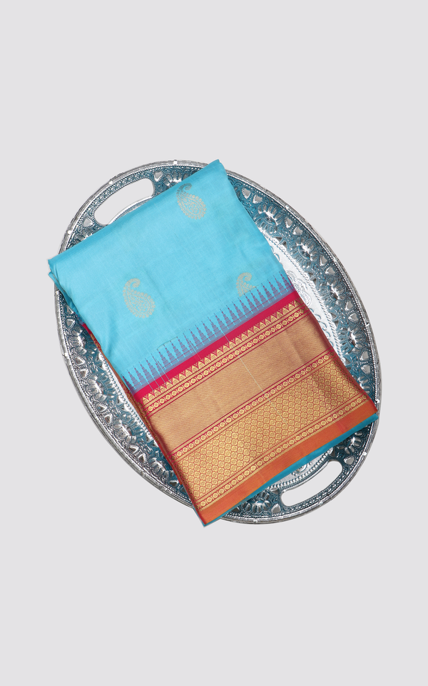 Sky Blue and Red Pure Silk Saree