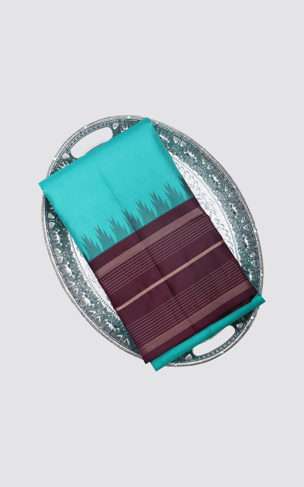 Teal and Brown Pure Silk Saree